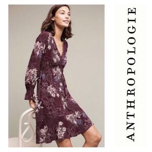 Anthropologie Maeve Ruffle Monaco Dress Floral Maroon Long Sleeve S